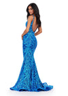 Back. Turquoise/Royal ASHLEYlauren 11466 fitted stretch sequin gown with V-neckline and deep V-back