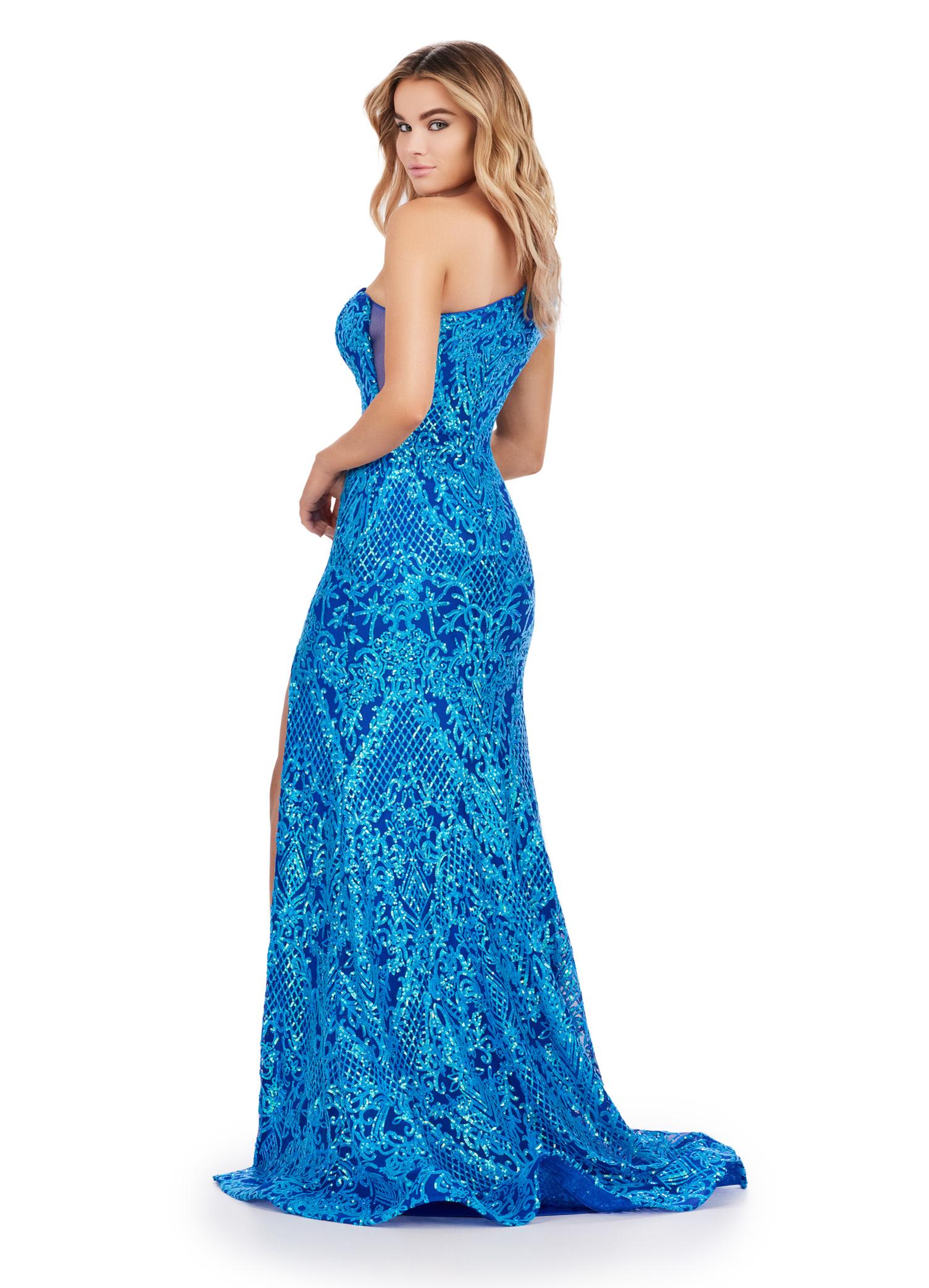 Back. Turquoise/Royal ASHLEYlauren 11471 one shoulder stretch sequin gown with illusion side cut out and left leg slit
