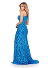 Back. Turquoise/Royal ASHLEYlauren 11471 one shoulder stretch sequin gown with illusion side cut out and left leg slit