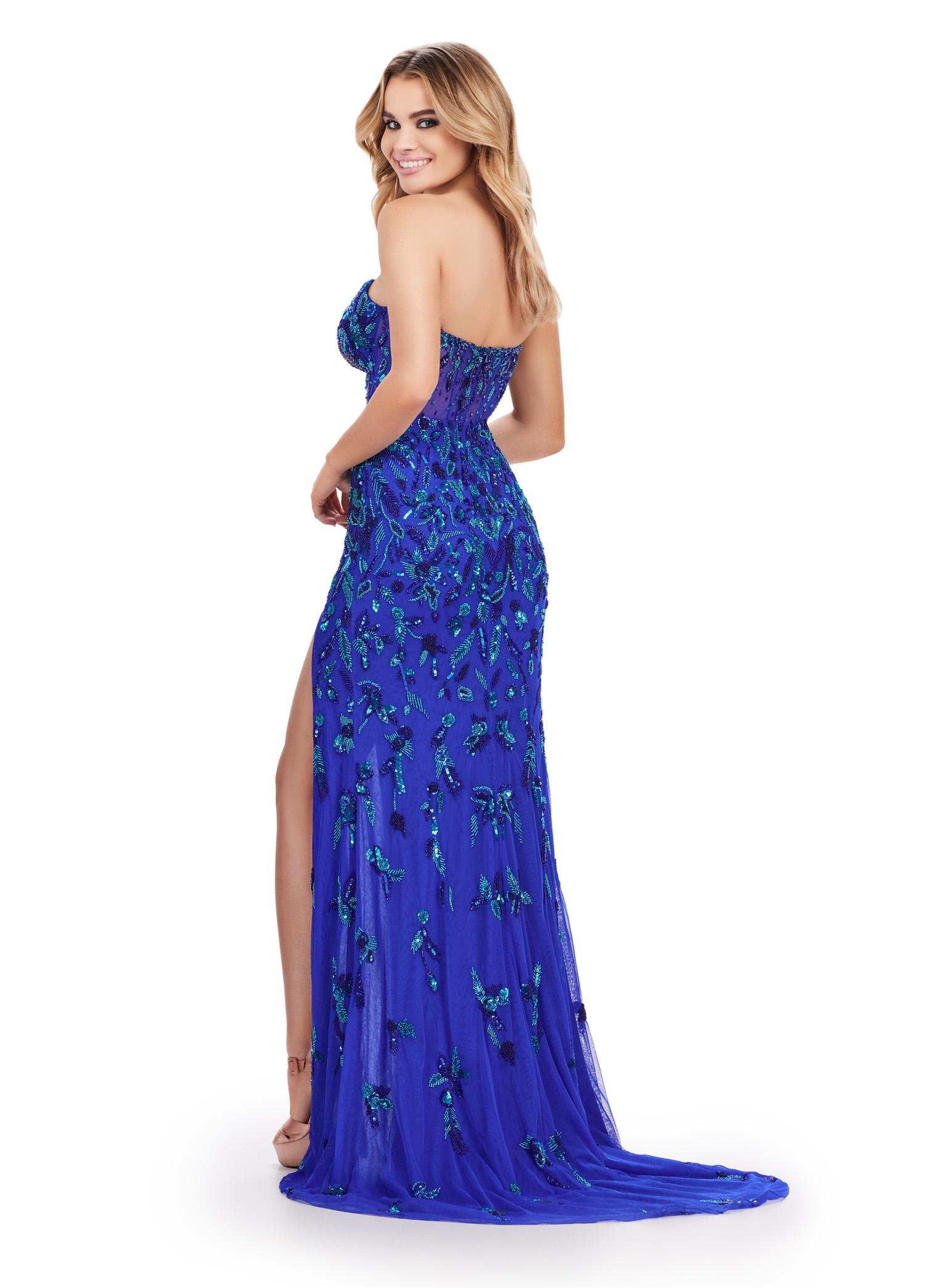 Back. Turquoise/Royal ASHLEYlauren 11614 Strapless Fully Beaded Gown with Sweetheart Neckline, Illusion Corset Bustier, and Left Leg Slit