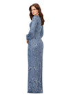 Back. Vintage Blue ASHLEYlauren 11193 Ultra Chic Fully Sequin Gown with Ornate Beading, V-Neckline, Bishop Sleeves, High Zip Back, and Center Back Vent Slit