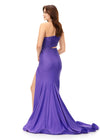 Back. Violet ASHLEYlauren 11337 One Shoulder Fitted Jersey Gown Embellished with Heat Set Stones, Asymmetrical Shark Bite Cut Out, and Left Leg Slit