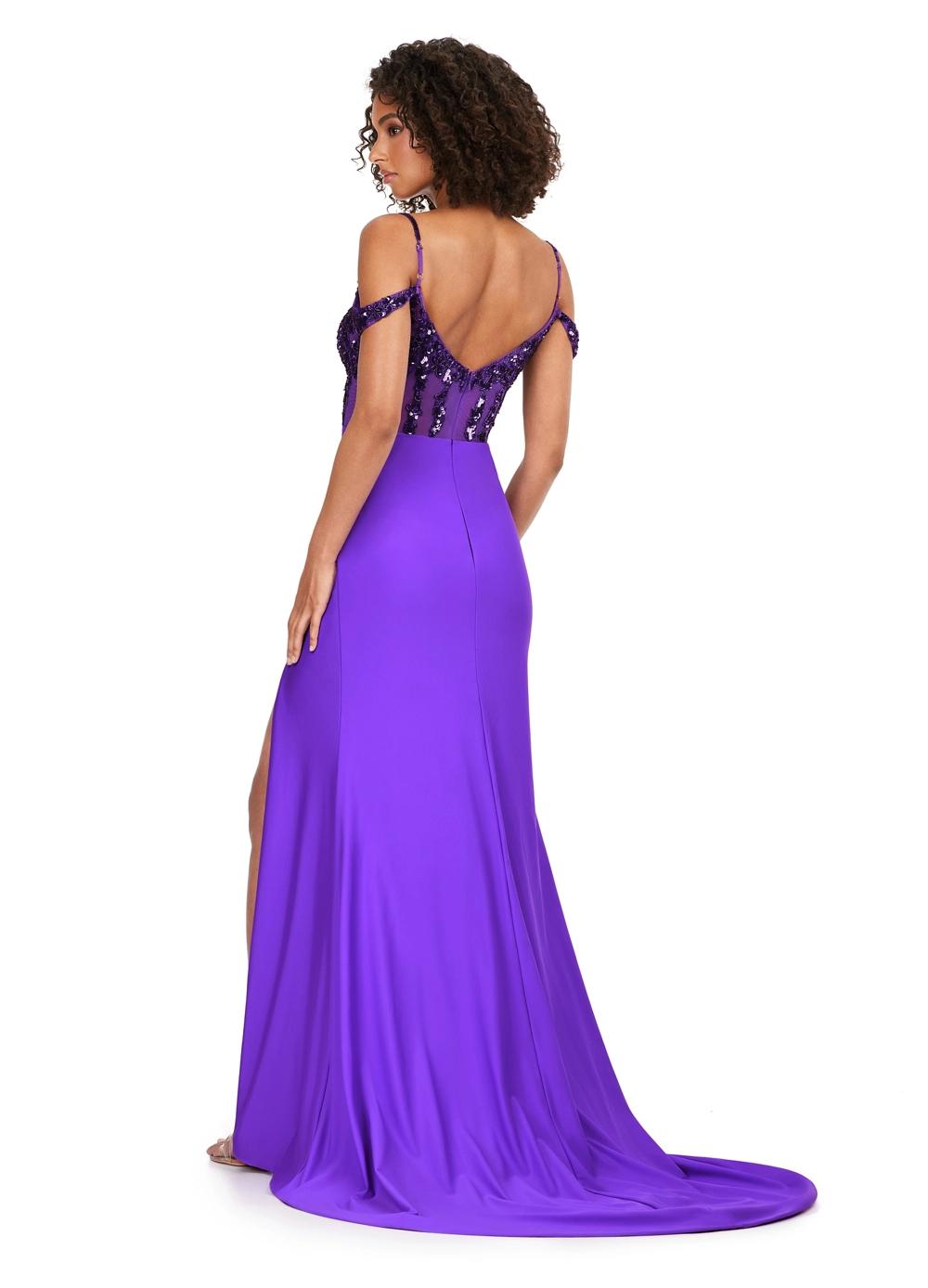 Back. Violet ASHLEYlauren 11391 standout evening gown featuring a sweetheart neckline, off shoulder straps, beaded corset details, and a sleek jersey skirt for an elegant and sophisticated look.