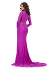 Back. Violet ASHLEYlauren 11742 glamorous evening gown featuring a mesh high neckline, ruched waistline, press-on stone embellishments, left leg slit, and a sweep train for an elegant and sophisticated look.