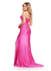 Back. Watermelon ASHLEYlauren 11549 Red Carpet Ready Shimmer Jersey Gown with Spaghetti Straps, Structured Corset Bustier, Ruched Hip Detail, and Left Leg Slit
