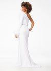 Back. White ASHLEYlauren 11131 One-Shoulder Scuba Gown with Feather Details, Heat-Set Stones, Crystal Belt, and Elegant Train
