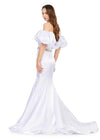 Back. White ASHLEYlauren 11419 Strapless Satin Gown with Sweetheart Neckline, Voluminous Puff Sleeves, Mermaid Silhouette, and Sparkling Jeweled Belt