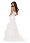 Back. White ASHLEYlauren 11475 mermaid gown with exposed corset bodice, lace detailing, and dramatic ruffled tulle trumpet skirt