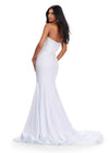 Back. White ASHLEYlauren 11560 Classic Strapless Jersey Gown with Glamorous Beaded Corset Bustier, Sparkling Press On Stone Accents, and Sweep Train