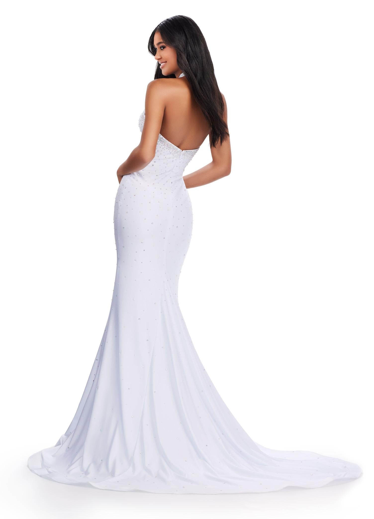 Back. White ASHLEYlauren 11578 Edgy Fitted Jersey Gown with Halter Neckline, Bold Cut Outs, and Glamorous Press On Stone Details