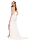 Back. White ASHLEYlauren 11616 Spaghetti Strap Gown with Beaded Corset Bustier, Press On Stone Embellishments, and Left Leg Slit