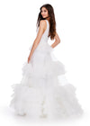 Back. White ASHLEYlauren 11620 Tulle Ball Gown with V-Neckline Bustier, V-Back, and Multi-Tiered Ruffle Skirt