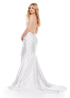 Back. White ASHLEYlauren 11638 Edgy Shimmer Jersey Gown with Spaghetti Straps, Structured Corset Bustier, Statement Bow and Ruffle Accent, and Lace Up Back