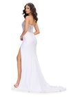 Back. White ASHLEYlauren 11690 Glamorous Strapless Gown with Exposed Corset Boning Encrusted in Press On Stones, Ruched Skirt, and Left Leg Slit