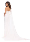 Back. White ASHLEYlauren 11736 glamorous one shoulder gown featuring press-on stone embellishments, a dramatic one shoulder cape, and a left leg slit for an elegant and show-stopping look.