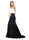 Back. White/Black ASHLEYlauren 11412 elegant scuba gown featuring an off shoulder bustier, oversized bow detail, and a left leg slit for a sophisticated and statement-making look.