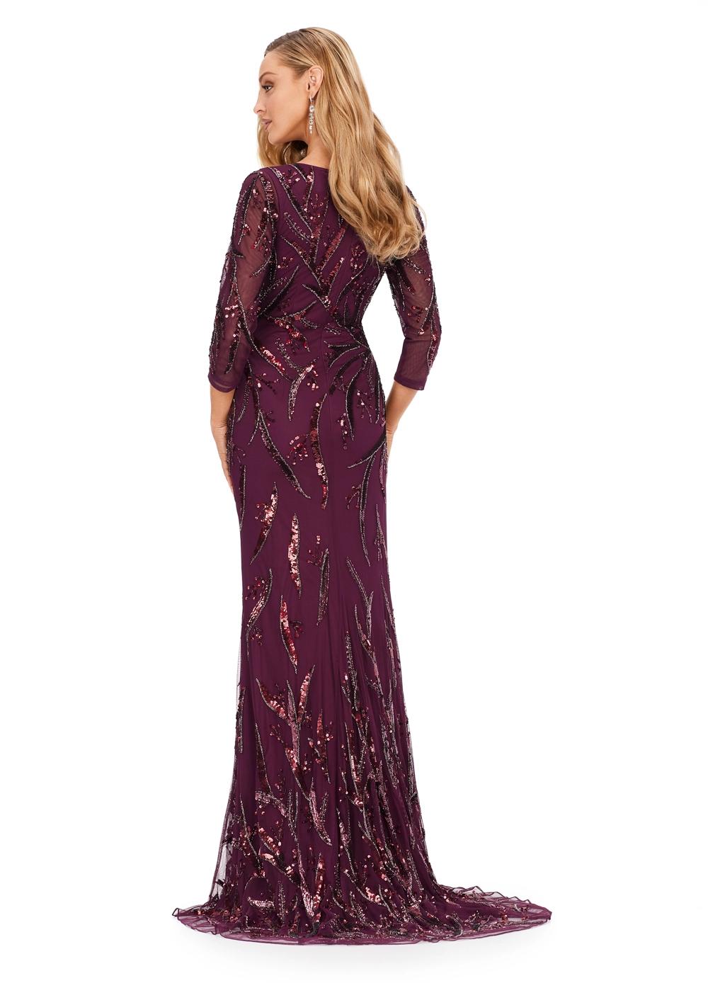 Back. Wine ASHLEYlauren 11205 Sophisticated Fitted Gown with V-Neckline, Fully Sequin Beaded Design, Three Quarter Sleeves, High Back, and Sweep Train