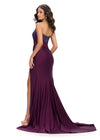 Back. Wine ASHLEYlauren 11690 Glamorous Strapless Gown with Exposed Corset Boning Encrusted in Press On Stones, Ruched Skirt, and Left Leg Slit
