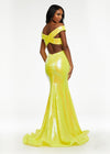 Back. Yellow ASHLEYlauren 11107 Off-Shoulder Sequin Gown with Criss-Cross Open Back, Fit & Flare Silhouette, and Horsehair Hem
