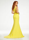 Back. Yellow ASHLEYlauren 11119 One-Shoulder Gown in Corset Fabric with Asymmetrical Lace-Up Back and Left Leg Slit