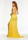 Back. Yellow ASHLEYlauren 11145 Lace Gown with Spaghetti Straps, Lace Applique, Heat Press Stones, Lace-Up Back, and Left Leg Slit