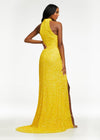 Back. Yellow ASHLEYlauren 11174 Fully Hand-Beaded Sequin Gown with Halter Neckline, Full Back, and Right Leg Slit