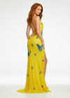 Back. Yellow ASHLEYlauren 11178 Sequin Gown with Spaghetti Straps, Intricately Beaded Butterfly Accents, Lace-Up Back, and Right Leg Slit