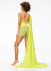 Back. Yellow ASHLEYlauren 11228 One-Shoulder Romper Fully Encrusted with Pearls and Crystals, Featuring a Ruched Wrap Waist and Attached Chiffon Float