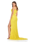 Back. Yellow ASHLEYlauren 11236 strapless gown featuring a sweetheart neckline, modern floral sequin motif cascading down the bustier and skirt, and a left leg slit for a glamorous and head-turning look.