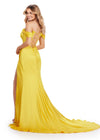 Back. Yellow ASHLEYlauren 11575 Strapless Satin Gown with Corset Bustier, Ruched Hip Detail, Draped Skirt, Slit, and Sweep Train