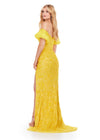 Back. Yellow ASHLEYlauren 11585 Fully Beaded Strapless Gown with Intricate Lace Pattern, Sweetheart Neckline, Off Shoulder Puff Sleeves, and Left Leg Slit