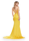 Back. Yellow ASHLEYlauren 11605 Timeless Strapless Satin Gown with Sweetheart Neckline, Ruched Detailing, Lace Up Back, and Right Leg Slit
