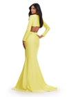 Back. Yellow ASHLEYlauren 11607 Unique Jersey Gown with V-Neckline, Long Sleeves, Crisscross Cut Out Wrap Bustier, Draped Fitted Skirt, and Left Leg Slit