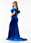 Back - Blue ASHLEYlauren 11217 – A magnificent off-shoulder velvet gown featuring oversized ruffle details, a contour seamed skirt with a left leg slit, and a dramatic train. Perfect for making a bold, elegant statement at any event.