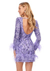 Back -Lilac ASHLEYlauren 4616 fully sequin cocktail dress featuring a V-neckline, open back, fitted skirt, and feather details along the skirt and sleeves for a luxurious and dramatic look.