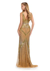 Back - Elegant fully beaded gown featuring a stunning V-neckline, open V-back, and intricate beadwork that catches the light from every angle. Finished with a sweep train for a glamorous, showstopping look. Perfect for special occasions.