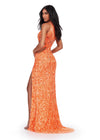 Back - ASHLEYlauren 11501 Coral Fully Beaded High Neckline Gown with Waist Cut Outs and Left Leg Slit