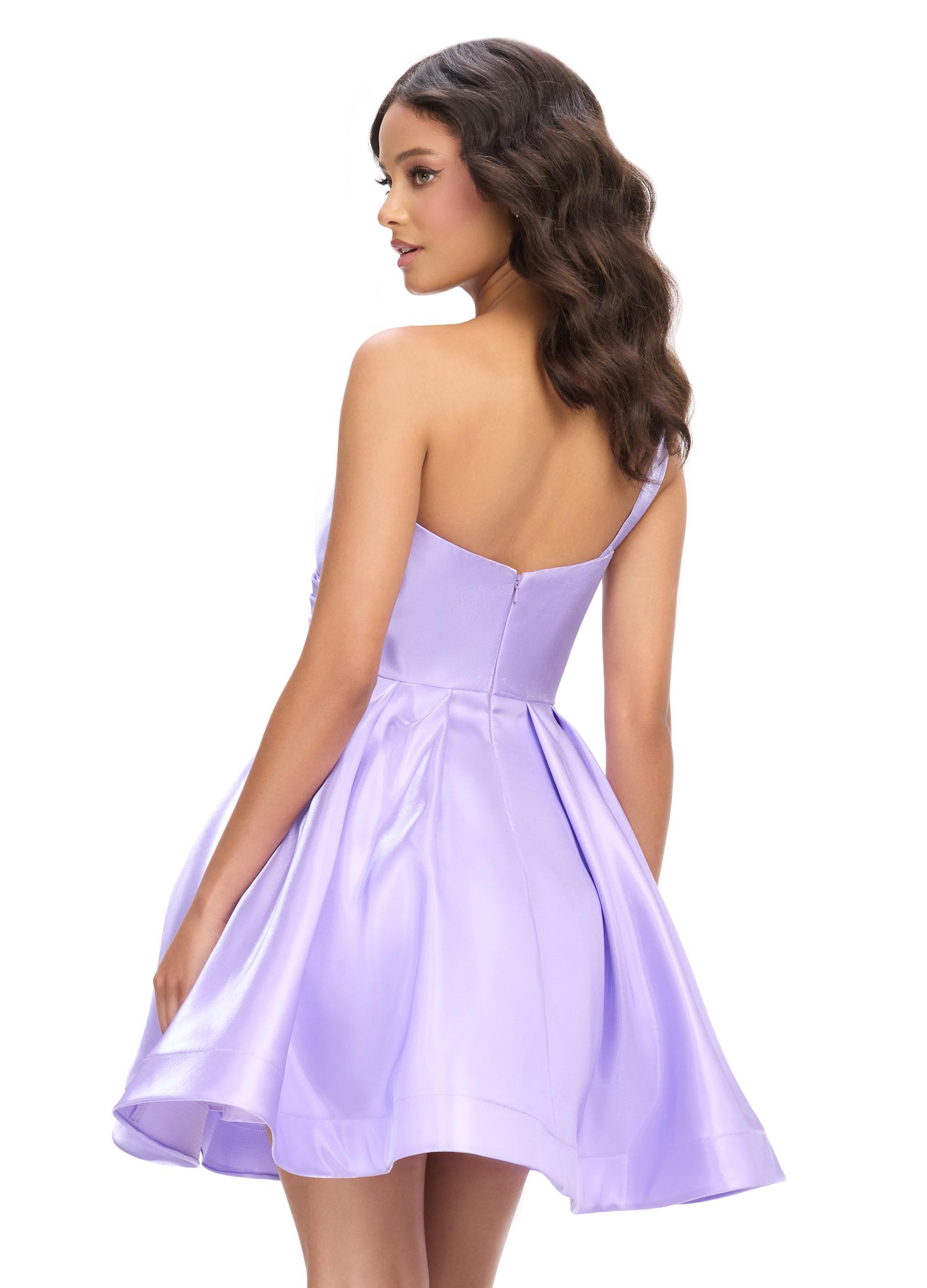 Back - ASHLEYlauren 4786 classic satin cocktail dress featuring a one shoulder design, ruched sweetheart bustier, and an elegant A-line skirt for a timeless and sophisticated look.