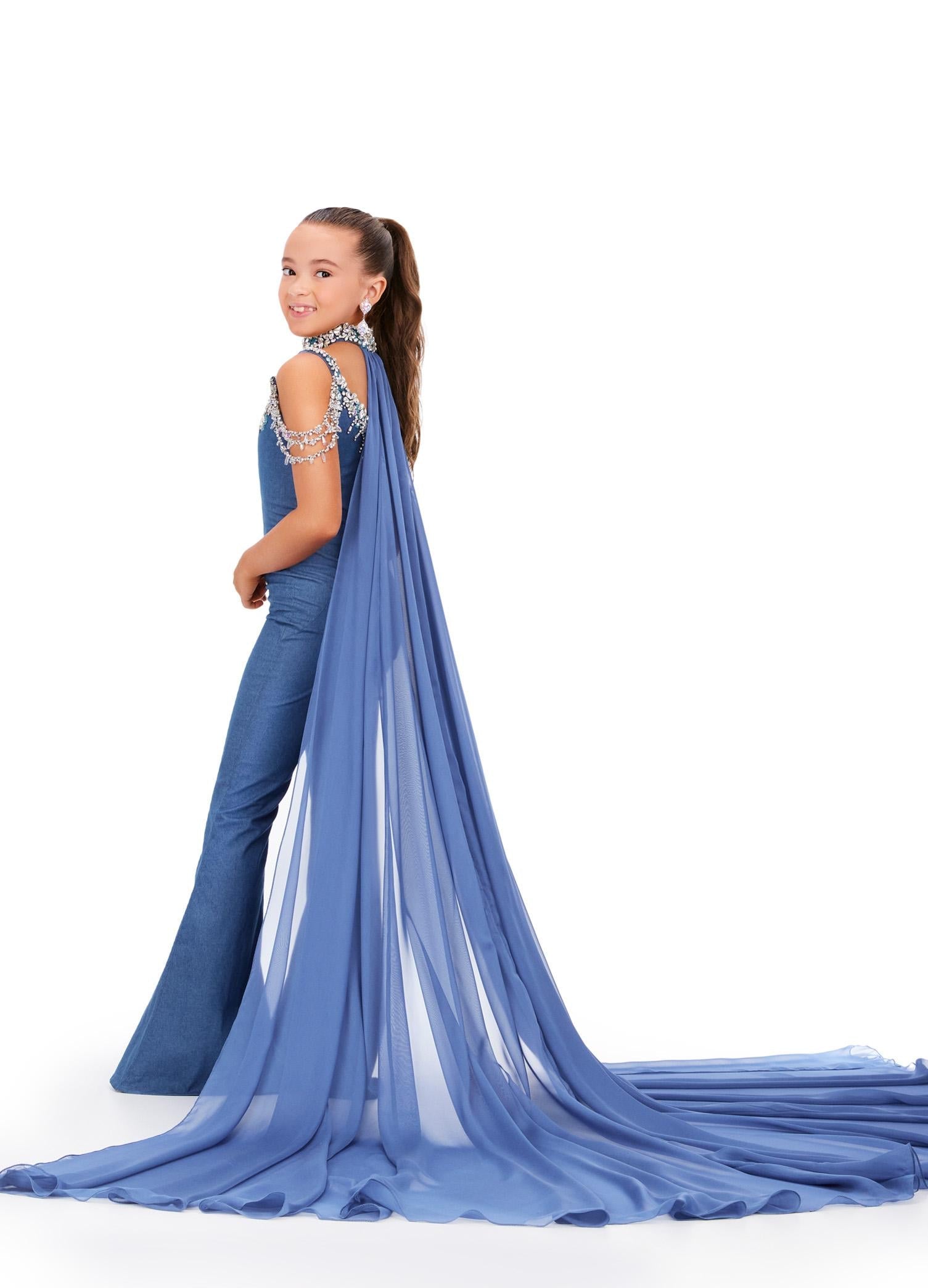 Back - ASHLEYlauren 8267 fun kids denim jumpsuit featuring a crystal-encrusted neckline, off-shoulder draped straps, a crystal neck choker, and an attached chiffon cape for a bold and stylish statement look.