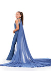 Back - ASHLEYlauren 8267 fun kids denim jumpsuit featuring a crystal-encrusted neckline, off-shoulder draped straps, a crystal neck choker, and an attached chiffon cape for a bold and stylish statement look.