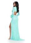 Back - Aqua ASHLEYlauren 11364 beaded gown featuring a V-neckline, crisscross cut-out bodice, long sleeves trimmed with feathers, left leg slit, and a sweep train for added drama.