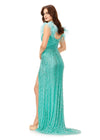 Back - Aqua ASHLEYlauren 11367 beaded gown featuring a sweetheart neckline, detachable feather straps, wrap skirt, and left leg slit for an elegant and versatile look.