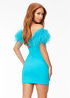 Aqua ASHLEYlauren 4523 off shoulder scuba cocktail dress featuring a sweetheart neckline, feather details, and signature contour seaming for a flattering and elegant silhouette. Back
