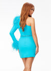 Back - Aqua ASHLEYlauren 4526 fitted scuba cocktail dress featuring a one shoulder design with feather details, scattered heat set stones, and a sleek fitted skirt for a bold and elegant look.
