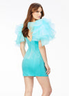 Back - Aqua ASHLEYlauren 4529 fitted velvet cocktail dress featuring a V-neckline, V-back, multi-tiered organza ruffle details with scattered crystals, and contour seaming for a glamorous, curve-enhancing look.