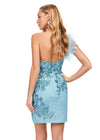 Back - Aqua ASHLEYlauren 4612 fully sequin cocktail dress featuring a one shoulder neckline with feather details, an intricately beaded bustier, and a fitted skirt for a bold and glamorous look.