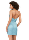 Back - Aqua ASHLEYlauren 4620 liquid beaded cocktail dress featuring a deep V-neckline, open back, and elegant wrap skirt for a glamorous old Hollywood-inspired look.