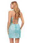 Back - Aqua ASHLEYlauren 4625 fully beaded sequin cocktail dress featuring a sweetheart neckline, double spaghetti straps, fitted silhouette, and lace-up back for a glamorous and elegant look.