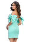 Back - Aqua ASHLEYlauren 4725 off shoulder taffeta cocktail dress featuring strapless design, charming bow details on the straps, and a fitted skirt for an elegant and playful look.