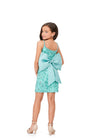 Back - Aqua ASHLEYlauren 8230 fully beaded fitted kids cocktail dress featuring delicate spaghetti straps, an oversized removable bow, and extra jewel embellishments along the neckline for a glamorous and fun look.